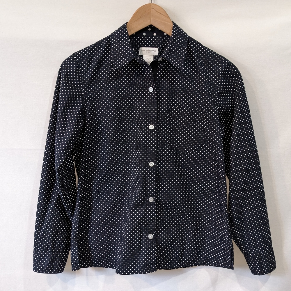 Vintage Liz Claiborne 100% Cotton Polka Dot Button Down Blouse Size Petite